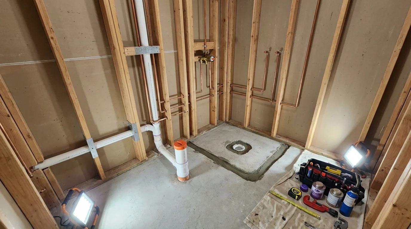 Bathroom rough-in plumbing during remodel by Johns Plumbing LLC in Olympia