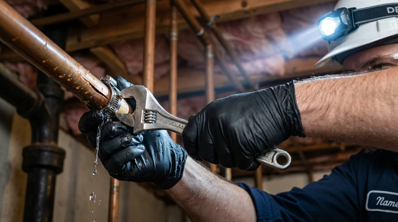 Emergency pipe clamp repair being performed by a Johns Plumbing LLC plumber in Olympia