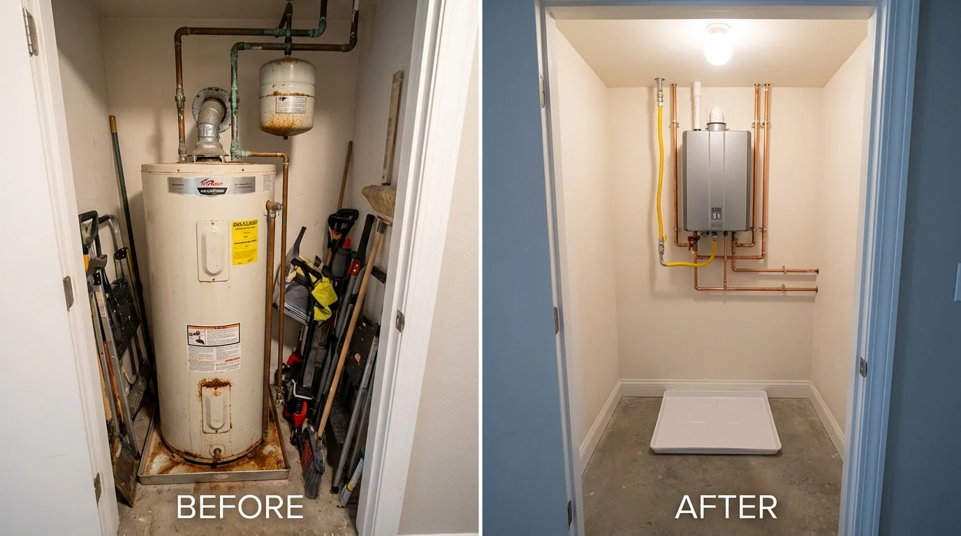 Tank water heater versus wall-mounted tankless unit comparison for Olympia, WA homeowners