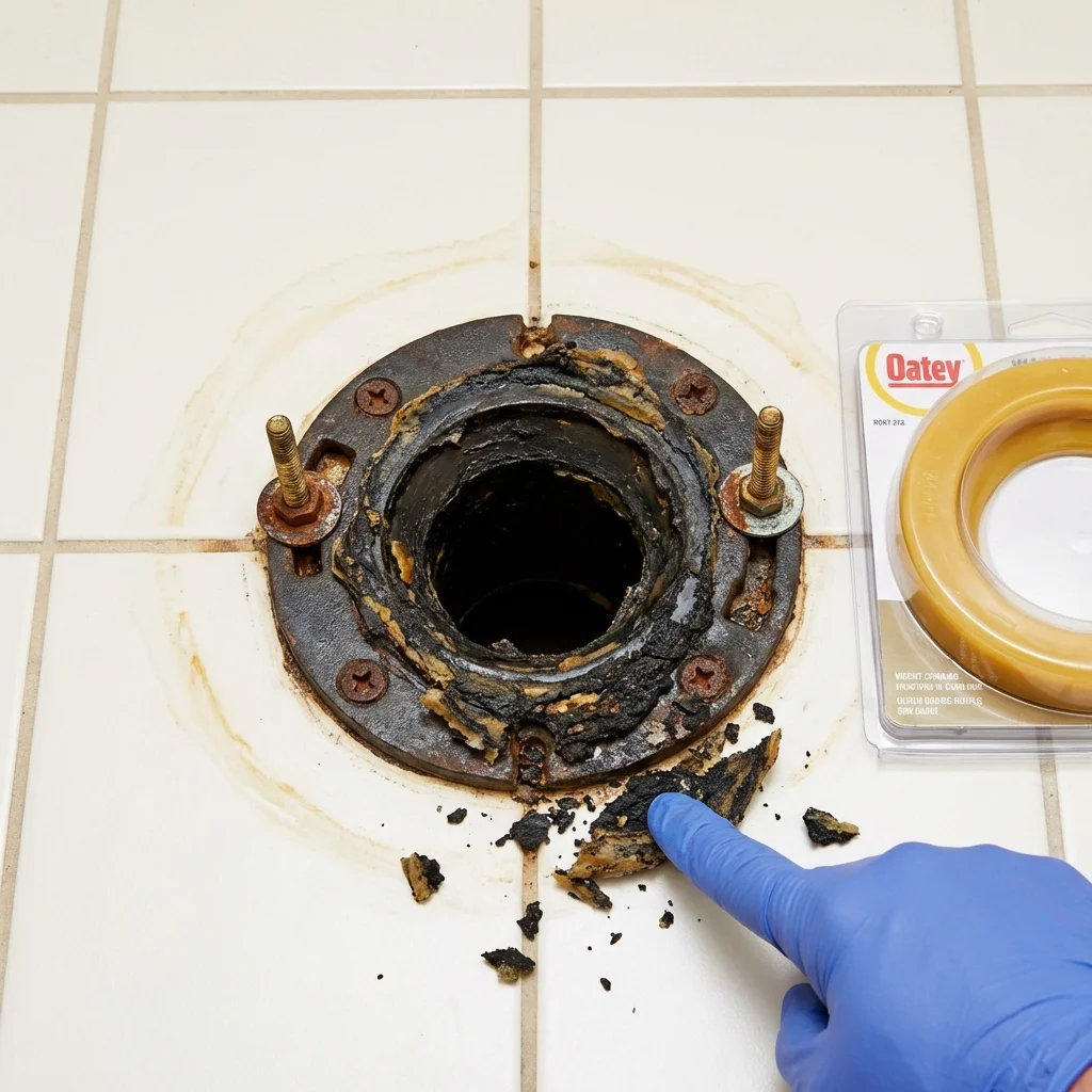 Failed wax ring showing water seepage at the base of a toilet in a Olympia, WA home
