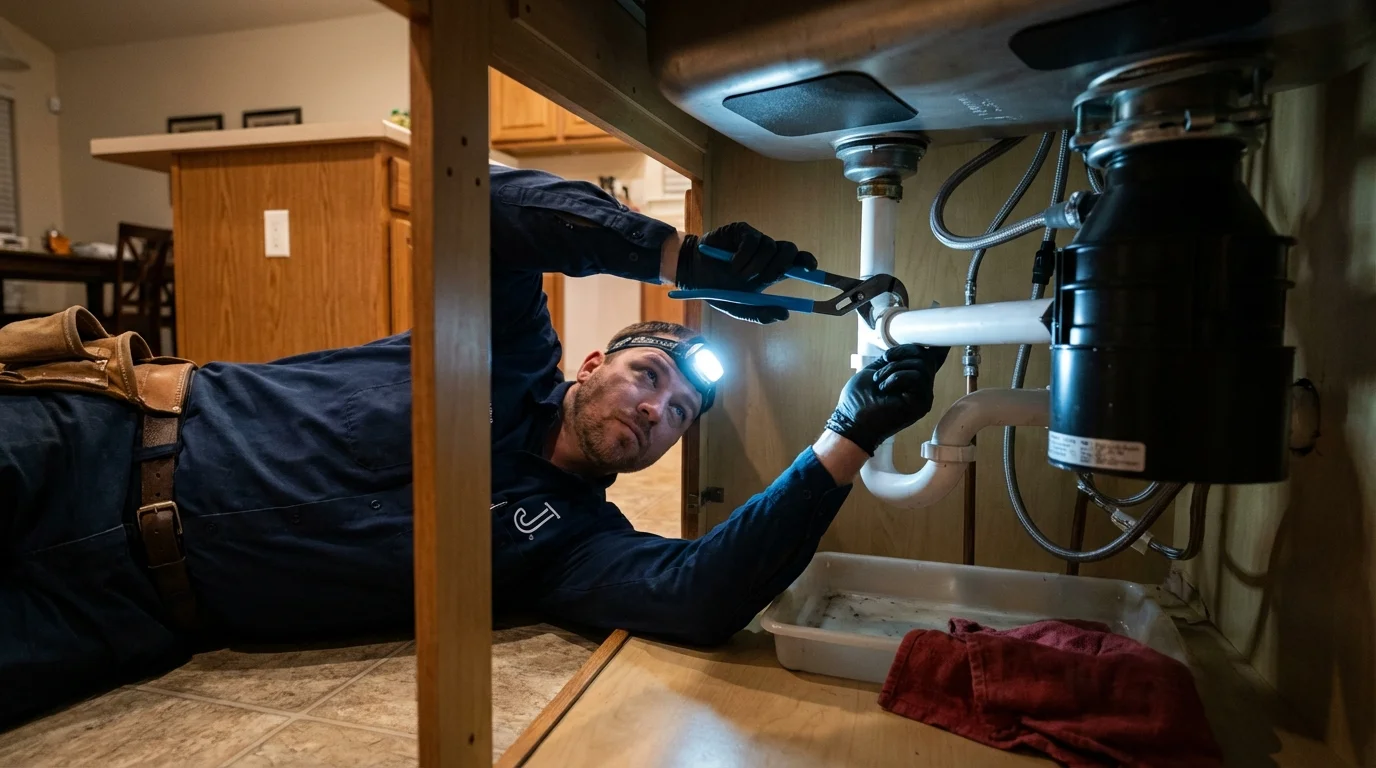 P-trap and supply line connections under a kitchen sink showing a common leak point in Olympia, WA